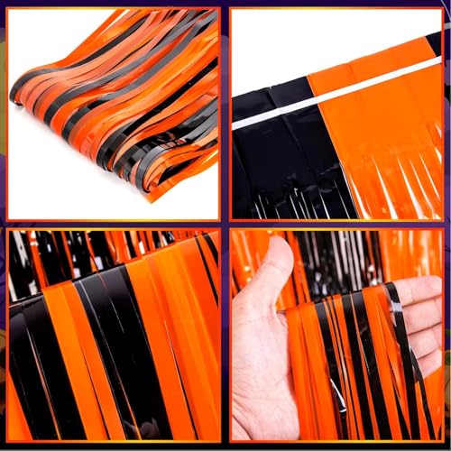 Black and Orange Streamers Halloween Backdrop Foil Fringe Curtain - 3.3ft x 6.6ft, 2 Pack