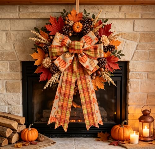 Large Fall Bow for Wreaths & Door Decor - Pumpkin & Plaid Harvest Decoration