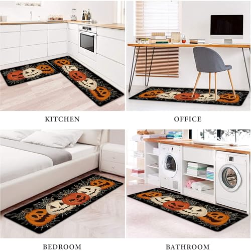 Halloween Kitchen Rugs Set of 2 - Black Pumpkin Spider Web Floor Mats - Halloween Non-Slip Washable Home Decor - Pumpkin Variation
