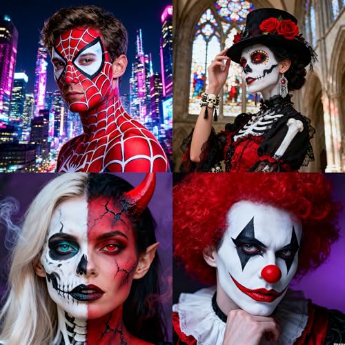 Halloween Face Paint Kit for Demon Joker Makeup - Black White Red + Spider-Man Variation