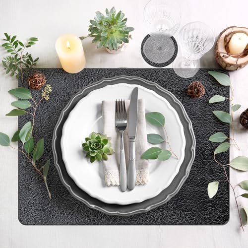 Black Faux Leather Halloween Placemats & Coasters Set of 6 - Non-Slip Waterproof Heat-Resistant Table Mats