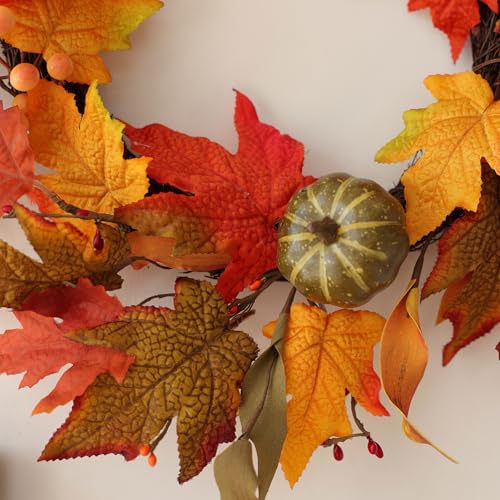 Fall Wreath for Front Door - 19 Inch Yellow Autumn Pumpkin Maple Leaves