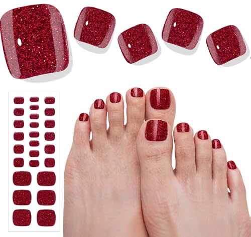 Semi Cured Gel Nail Strips for Toes - Onyx Red, 26 Pack, Salon Quality & Long Lasting