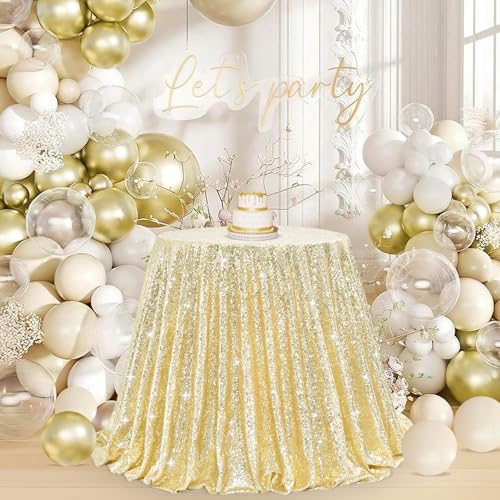 132-Inch Round Light Gold Sequin Tablecloth for Party & Wedding Decor