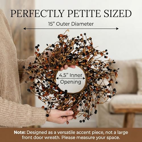 Primitive Black & Tan Pip Berry Candle Ring - Rustic Mini Wreath for 3-inch Pillars, Halloween & Farmhouse Decor, Variation: Primitive Black & Tan