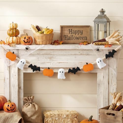 Halloween Felt Wood Beads Garland - Pumpkin Ghost Bat Banner, 8.2ft Autumn Decor