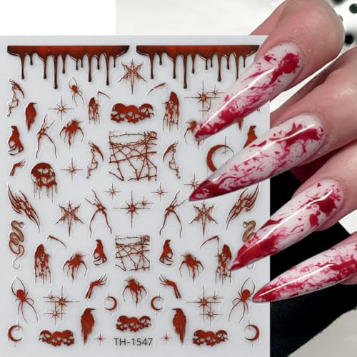 Halloween Nail Art Stickers Self-Adhesive Spider Web Bat Decals for Manicure - 6 Sheets with Horror Gothic Designs