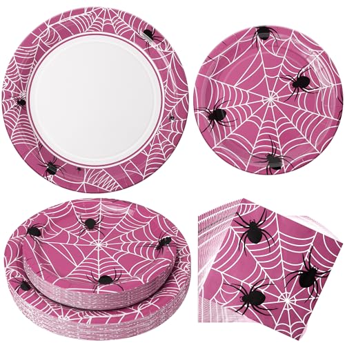Pink Halloween Party Decorations Set - Spiderweb Plates & Napkins, 75 Pcs - Variation of Pink