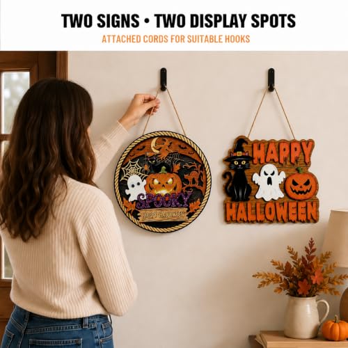 Halloween Door Decorations Set - Ghost, Cat & Pumpkin Hanging Signs, Round + Square Variations