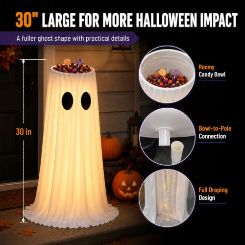 Large White Ghost Candy Bowl Halloween Decoration with Lighted Remote Control for Porch Yard