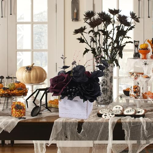 Halloween Gothic Black and Dark Red Flowers with Wooden Box - Artificial Floral Centerpiece