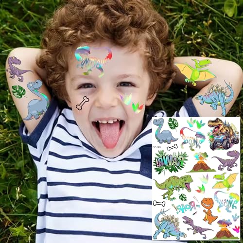 Dinosaur Temporary Tattoos Set - Iridescent Metallic 3D Dino Stickers for Kids & Teens - Variation: Dinosaur