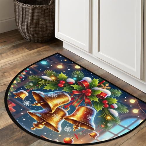 Christmas Half Moon Door Mat - Semi Circle Rug with Bell Design - Variation A:z-11