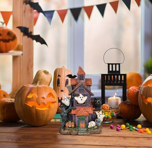 Halloween Haunted House Figurine - Spooky Resin Village Display Decor, 9 Inch