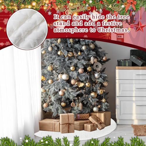 72 Inch Faux Fur Christmas Tree Skirt with Cross Diamond Pattern - White Holiday Decor