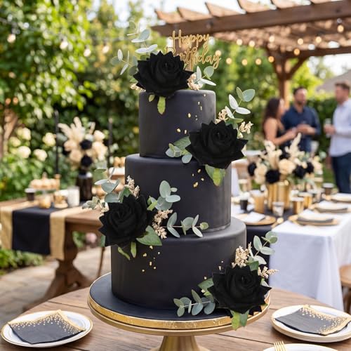Black Velvet Roses Artificial Flower Heads - 18pcs Faux Roses with Stems for Gothic Wedding & Halloween Decor