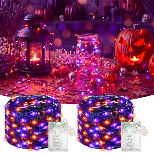 Halloween Fairy Lights 2 Pack - Battery & USB Powered, Timer, Dimmable, Orange Purple