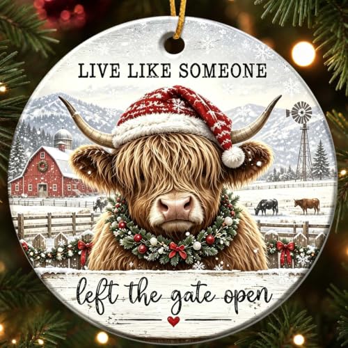 Highland Cow Christmas Ornament - Farmhouse Holiday Decor - Open Variation