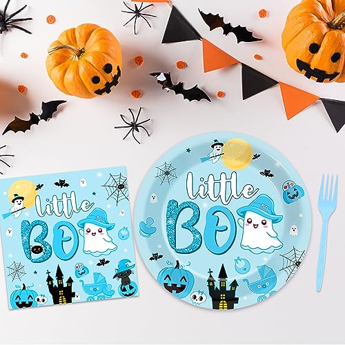 Halloween Little Boo Blue Party Plates Napkins Forks Set - Baby Shower & Costume Celebration