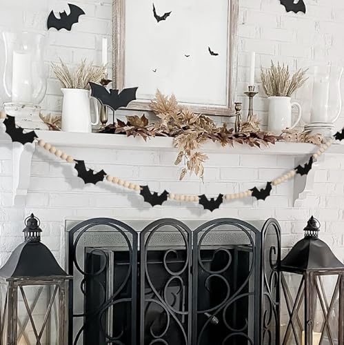 Halloween Felt Bats and Wooden Beads Garland for Indoor Decor