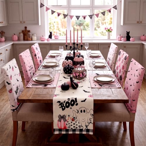 Pink Pumpkin Halloween Table Runner & Placemats Set - 13 Pcs Linen Decor