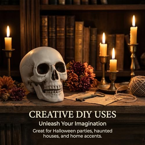 White Mini Skull Decorations - 6 Pack 5 Inch Plastic Skeleton Heads for Halloween Crafts & Outdoor Decor
