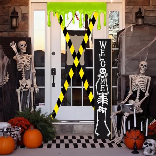 Halloween Green Slime Pattern Door Banner with Caution Tape Set | Eerie Party Decor