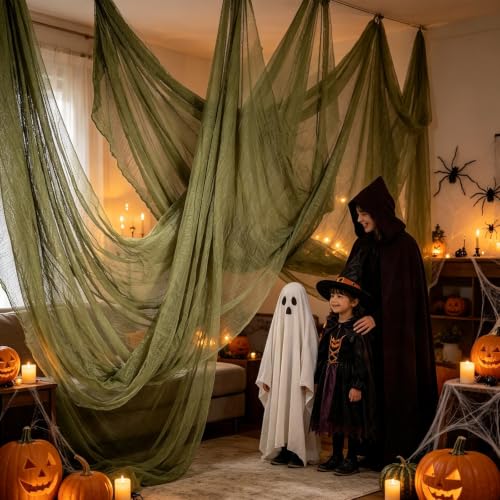 Green Halloween Creepy Gauze Cloth - Large Spooky Decorative Fabric, 512"x85"