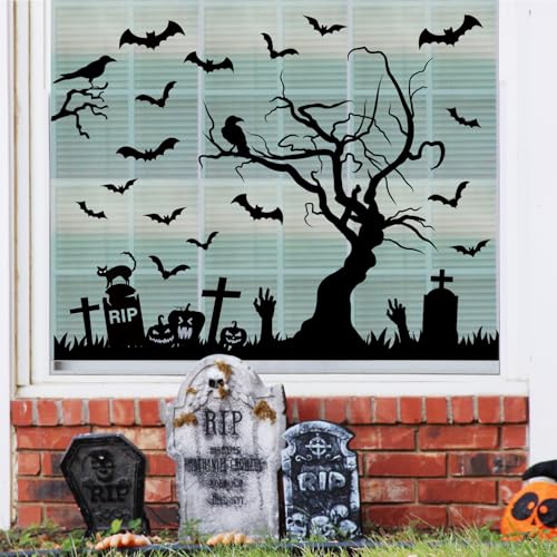 Halloween Window Clings Stickers Set - Tombstone Cross Bats Reusable Decor
