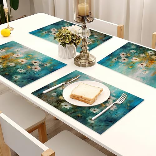 Retro White Daisy Floral Linen Placemats Set of 6 Heat Resistant Table Mats for Home & Dining