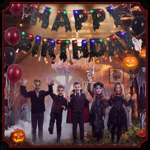 Halloween Gothic Birthday Banner with LED Lights - Black Glitter Celebration Decor