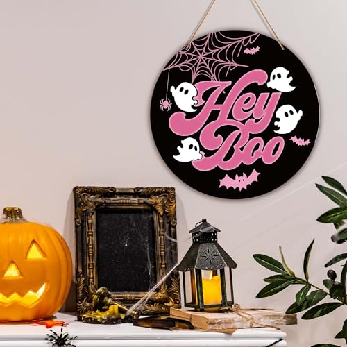 Halloween Ghost Decor Sign with Pink & Black Variation - 9.84" Wall Door Decor