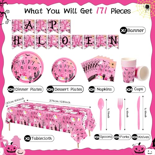 Pink Halloween Party Supplies Dinnerware Set for 24 Guests - Plates Cups Napkins