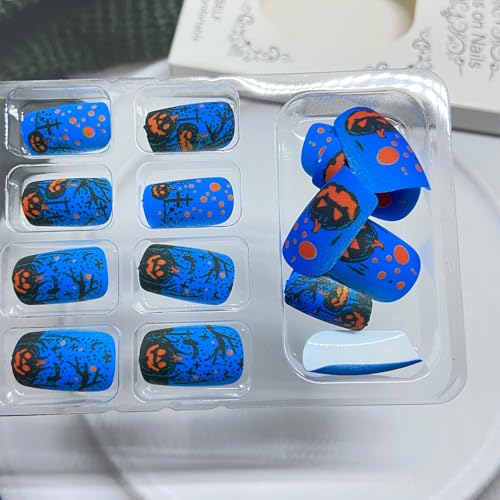 Halloween Press On Nails Medium Square Fake Nails with Pumpkin Design - Blue Matte - Variation of THIS listing