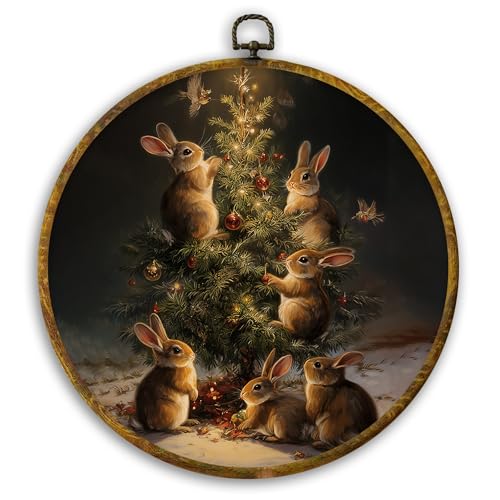 Bunny Christmas Tree Round Wall Art - Rustic Winter Rabbit Decor, 10x10 Inch, Variation 26