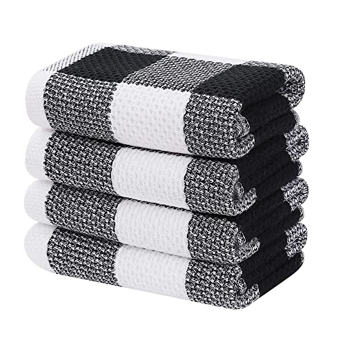 White & Black Check Cotton Waffle Weave Kitchen Towels 13x28 Inches - 4 Pack