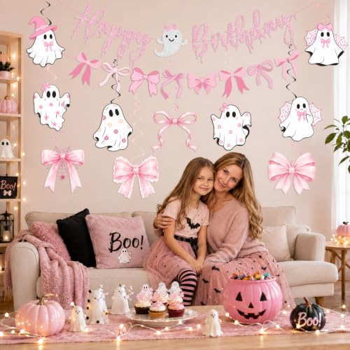 Pink Halloween Party Decorations Set with Banner and Ghost Hanging Swirls