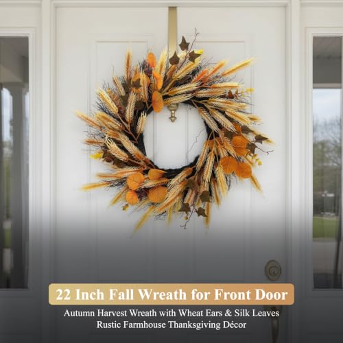 22-Inch Fall Wreath for Front Door with Wheat & Silk Leaves, Rustic Autumn Decor