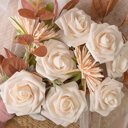 Artificial Roses for Wedding Bouquets - Champagne, 50 Stems - Realistic Fake Flowers for Decor & DIY Arrangements