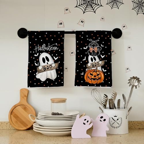 Halloween Kitchen Towels Set of 2 Ghost Cat Pumpkin Decor Microfiber Dish Towels