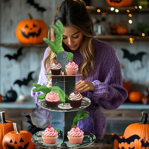 Halloween Zombie Hand Cupcake Stand 3-Tier Cardboard Cake Display Party Decoration