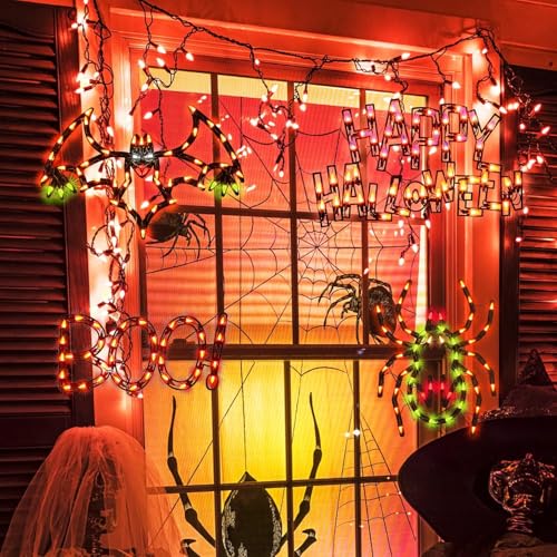 Halloween Window Silhouette Decorations Lighted Spider Bat Happy Halloween - 4-Pack - Variation of Spider Bat Happy Halloween BOO