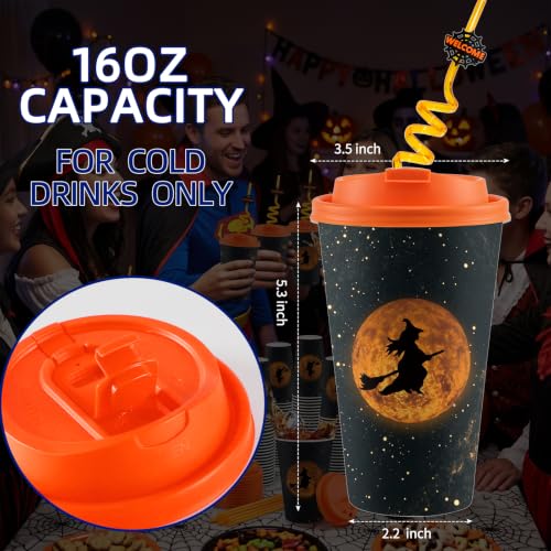 Halloween Witch Disposable Plastic Gift Cups - 16oz, 24 Sets with Lids & Straws