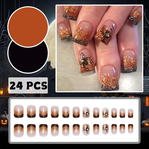 Relief Spider Gem Halloween Glitter French Tip Press-On Nails - Short Square False Nails with Embossed Spider Charm - 24pcs
