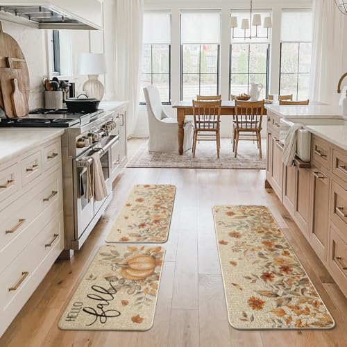 Hello Fall Kitchen Mat Set of 3 - 17x29, 17x36, 17x47 Inches, Beige