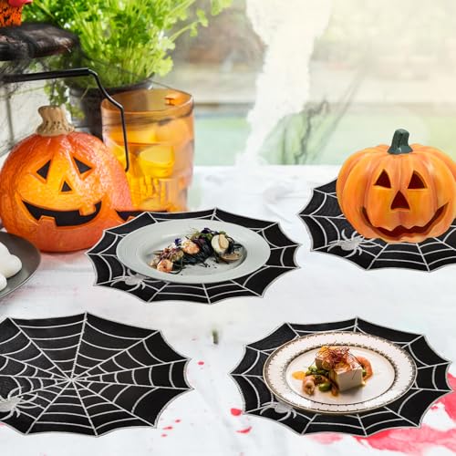 Spider Web Halloween Placemats Set of 6, Black Cotton Washable Table Mats
