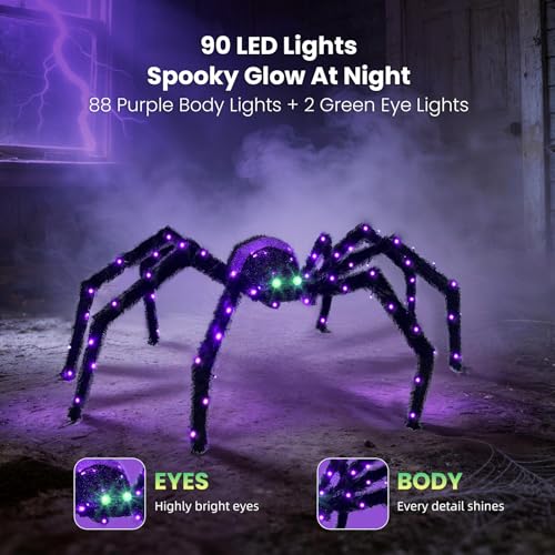 4.2FT Giant Spider Halloween Outdoor Decoration with 90 LED Lights and Ground Stakes