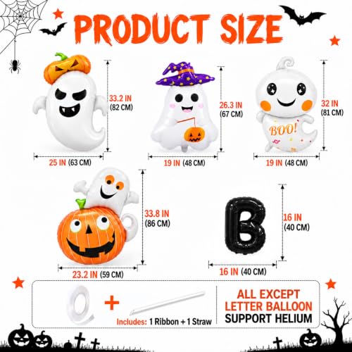 7 Pieces Halloween Ghost Pumpkin Boo Balloons Set, Large Cute Happy