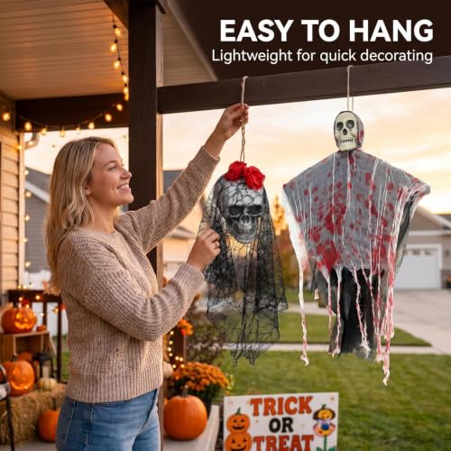 Spooky Hanging Skeleton Ghost Decorations Set for Halloween Indoor Outdoor Yard