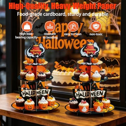 Halloween 3-Tier Paper Cupcake Stand - Multicolor Spooky Dessert Display Rack, 17 Inch